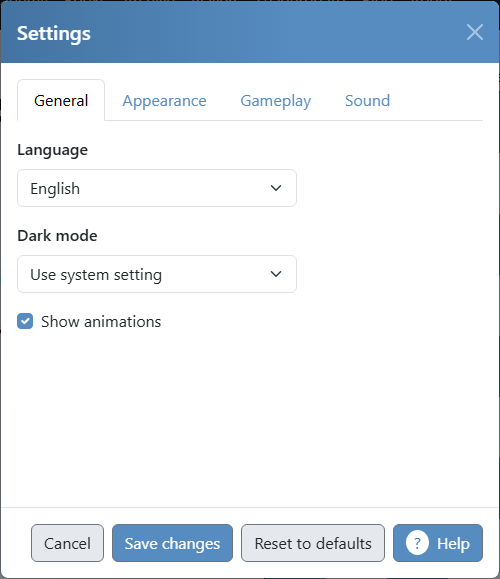 General tab of the settings dialog